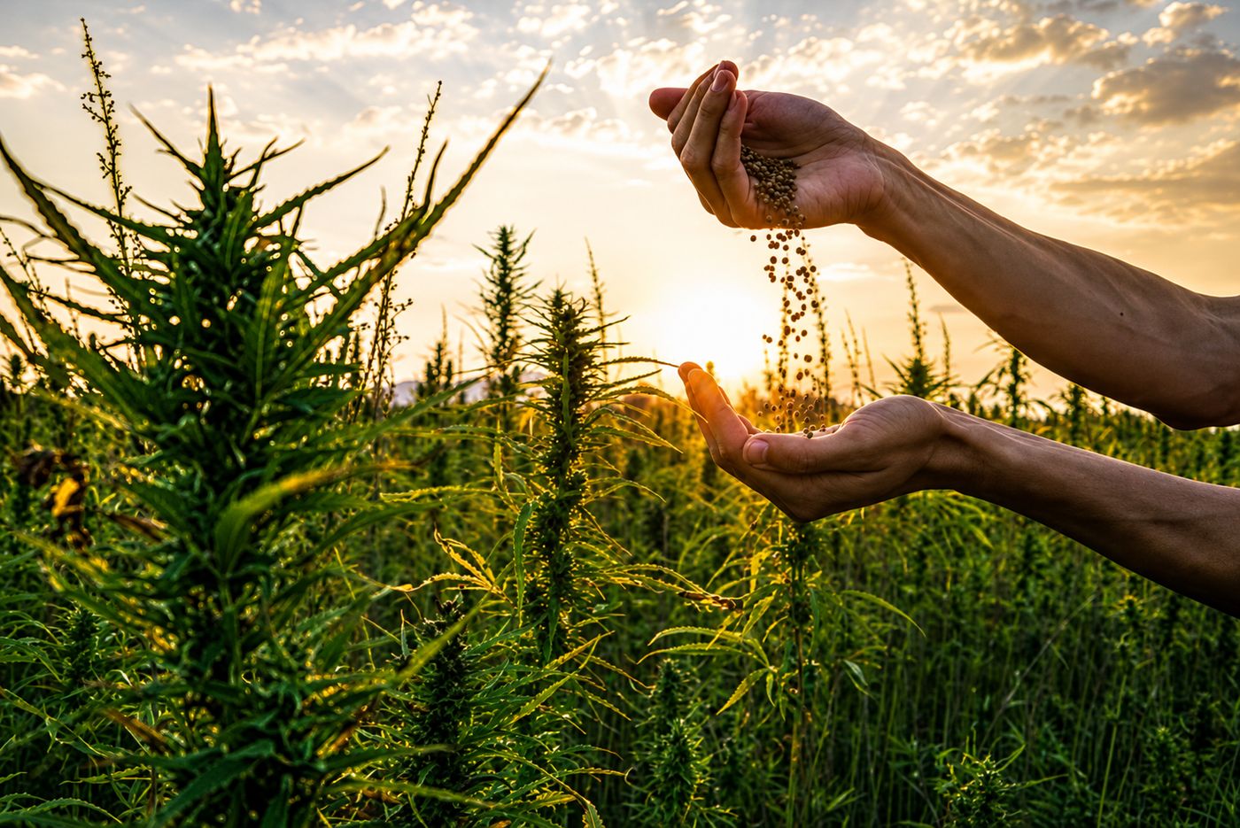 Hands releasing cannabis seeds above a hemp field at sunset